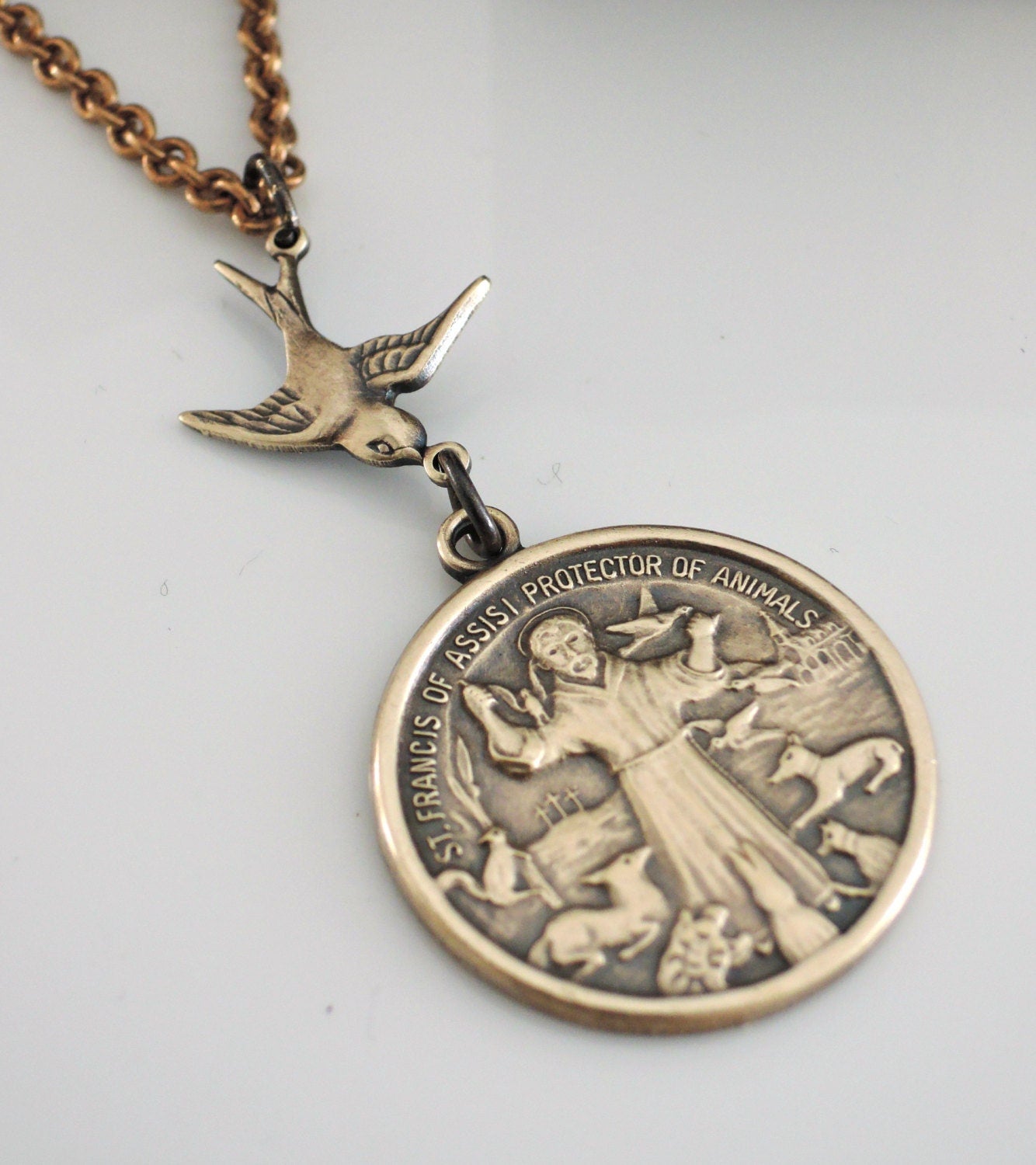 Vintage Jewelry - Vintage Necklace - Saint Francis necklace - Brass Necklace - Religious jewelry - Catholic necklace - handmade jewelry