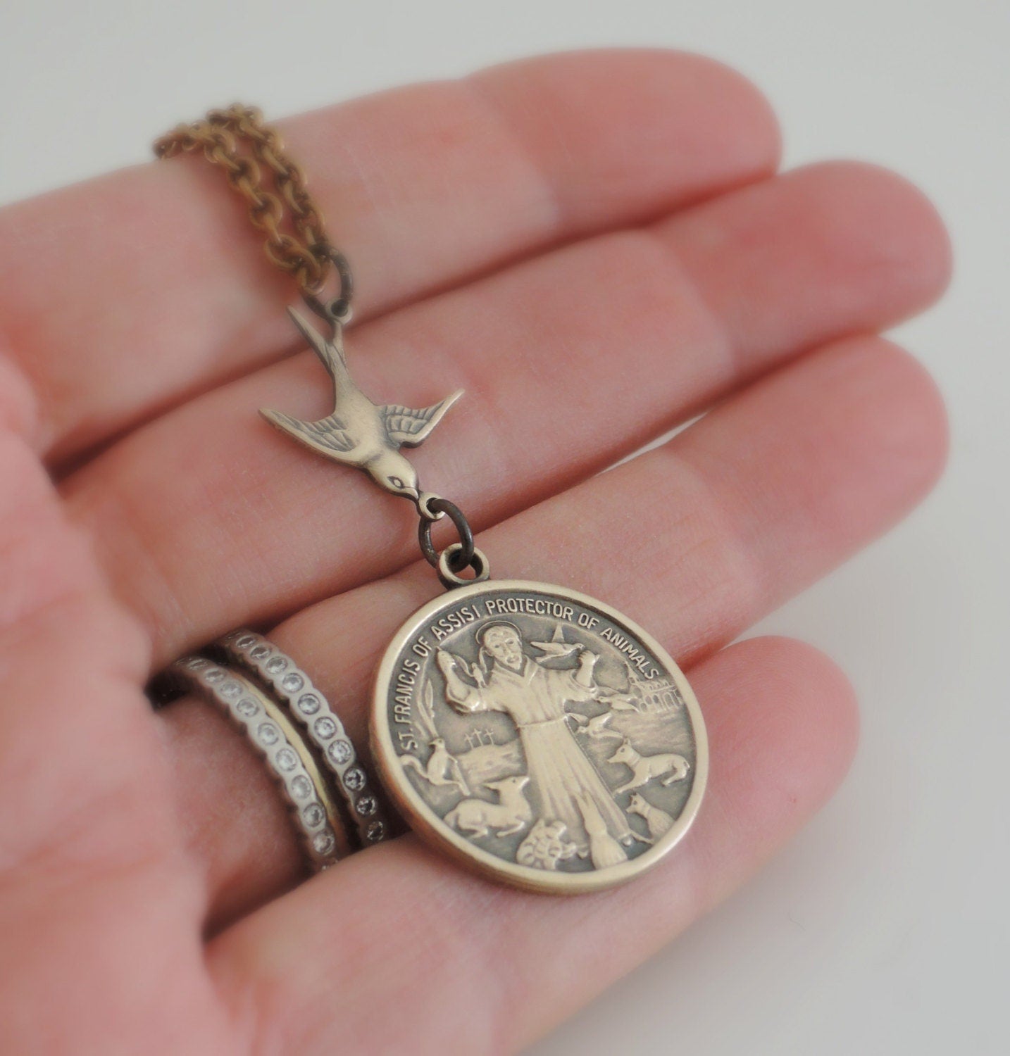 Vintage Jewelry - Vintage Necklace - Saint Francis necklace - Brass Necklace - Religious jewelry - Catholic necklace - handmade jewelry