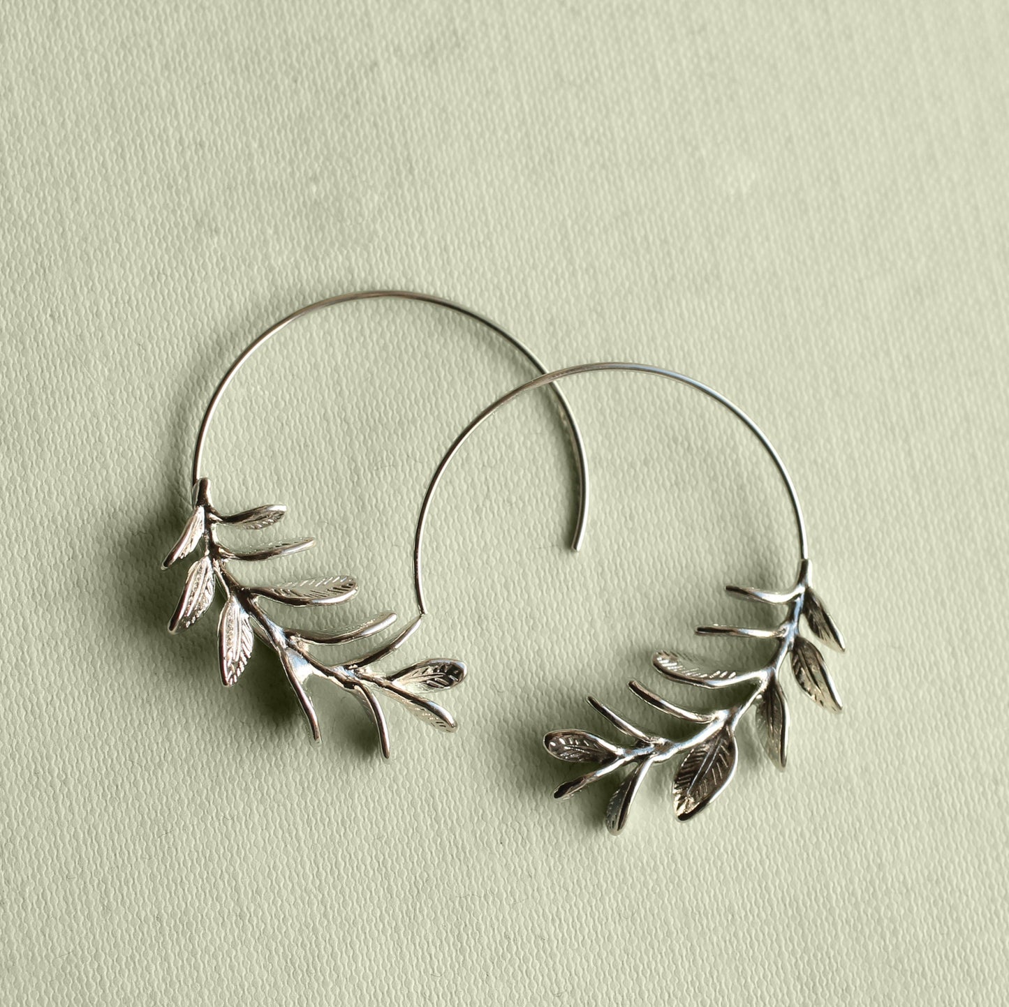 Rosemary Leaf Hoop Earrings, Gold Silver Leaf Hoop Earrings, Realistic Twig Branch Earrings, Gift for Best Friend, 30th Birthday Gift