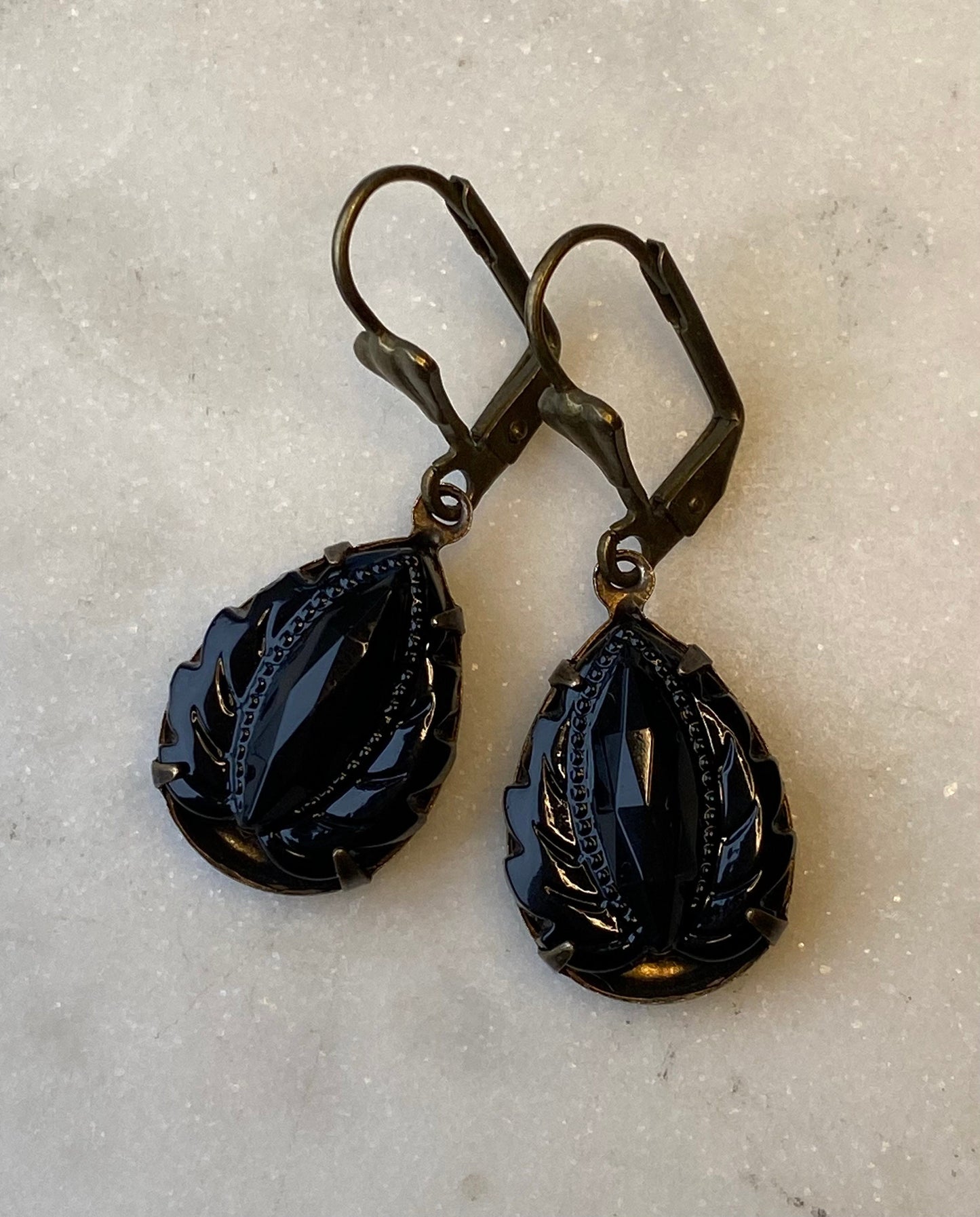 Vintage West German Jet Black Onyx  Leaf 18 x 13 mm Faceted Glass Earrings
