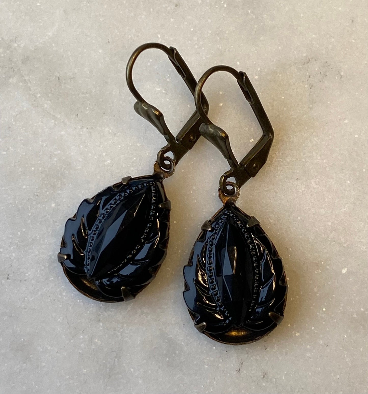 Vintage West German Jet Black Onyx  Leaf 18 x 13 mm Faceted Glass Earrings