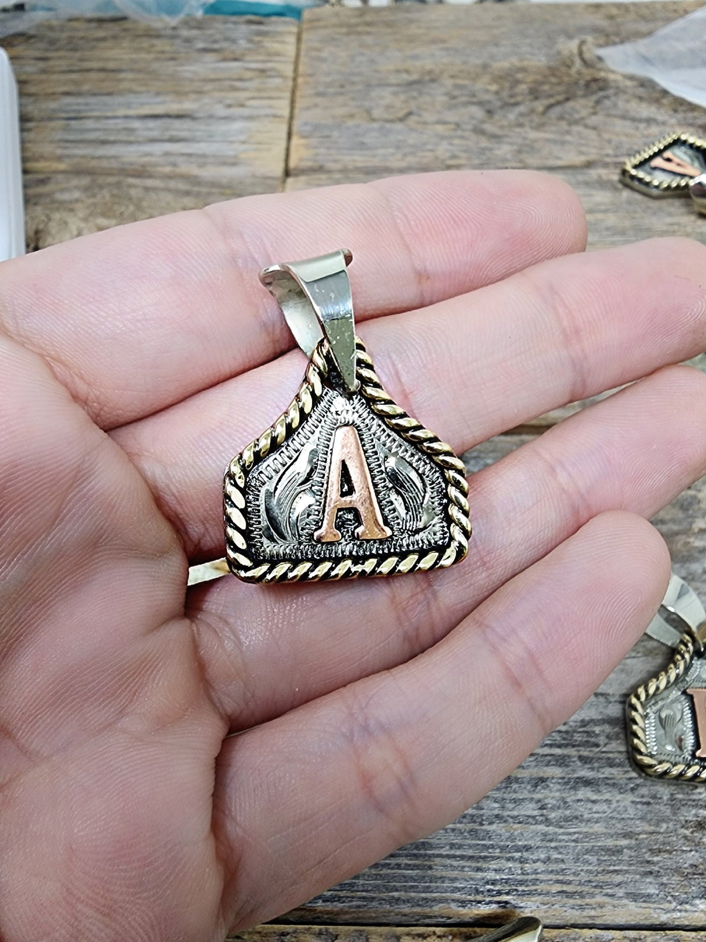 Cow Tag Necklace Handmade Personalized Initial Necklace, Handcrafted. Small Model.  Comes with a 23" Stainless Steel Chain.