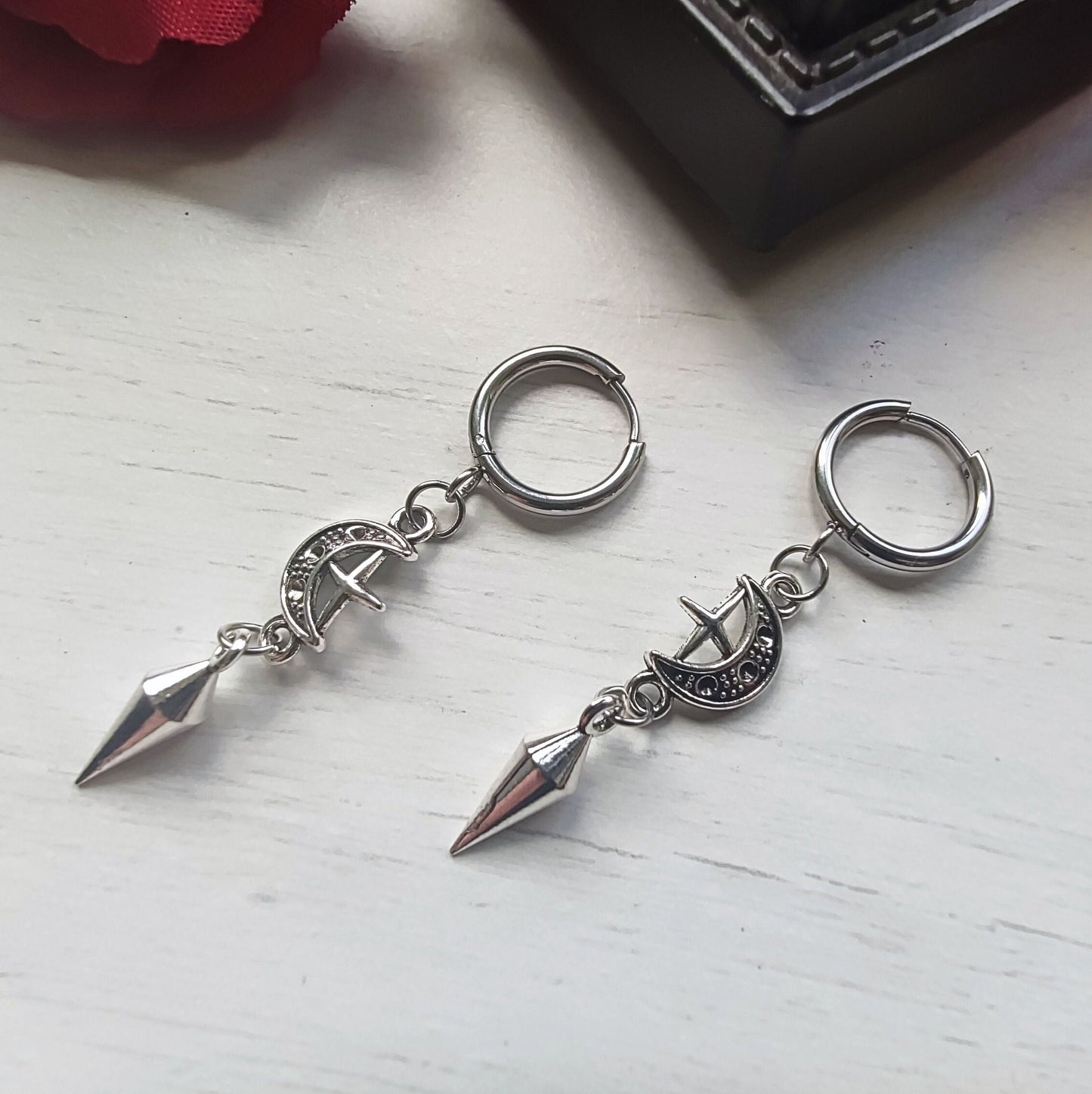 Spike earrings, moon/star hoops, punk earrings, goth earrings, gothic jewelry, huggie earrings, emo, alternative, celestial earrings
