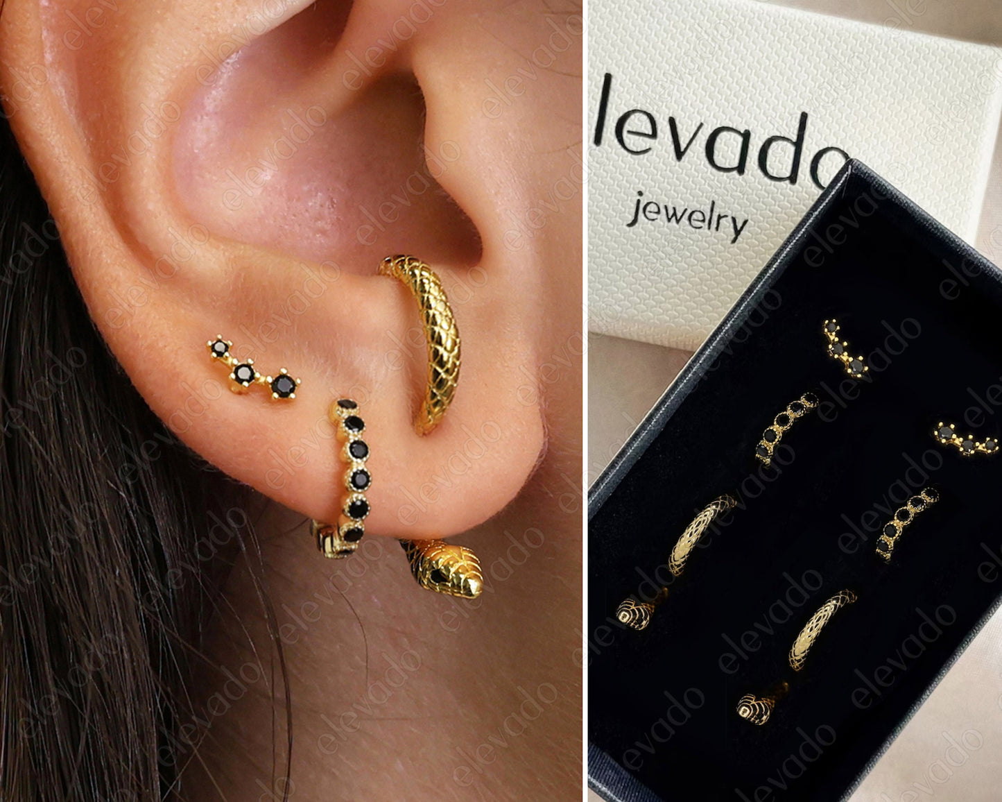 Black Onyx Serpent Front Back Earring Set • huggie hoop • minimalist earrings • snake earrings • serpent earrings • elevado jewelry