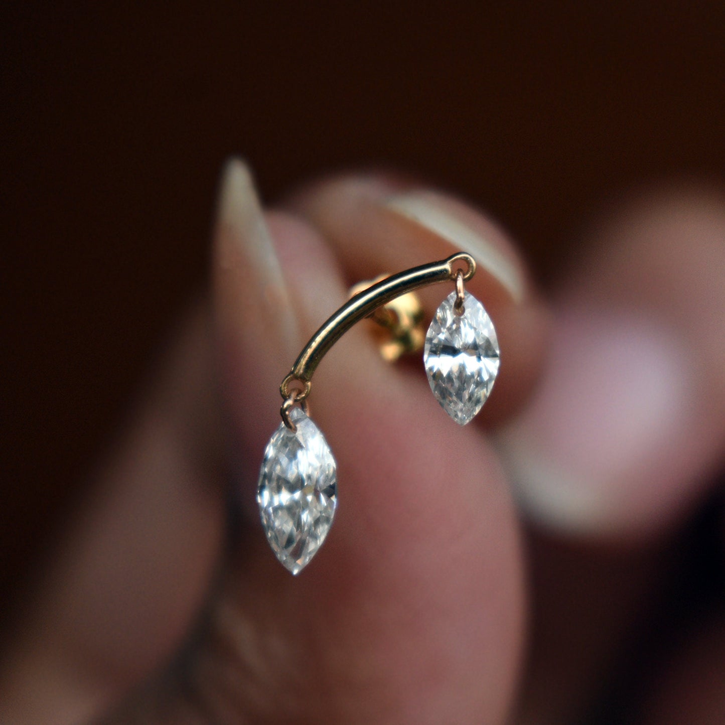 Double Floating Marquise Lab Diamond Stud Earring, Hidden Helix Piercing, 16g Threaded Flatback Stud, 14k 18k Solid Gold Jewelry