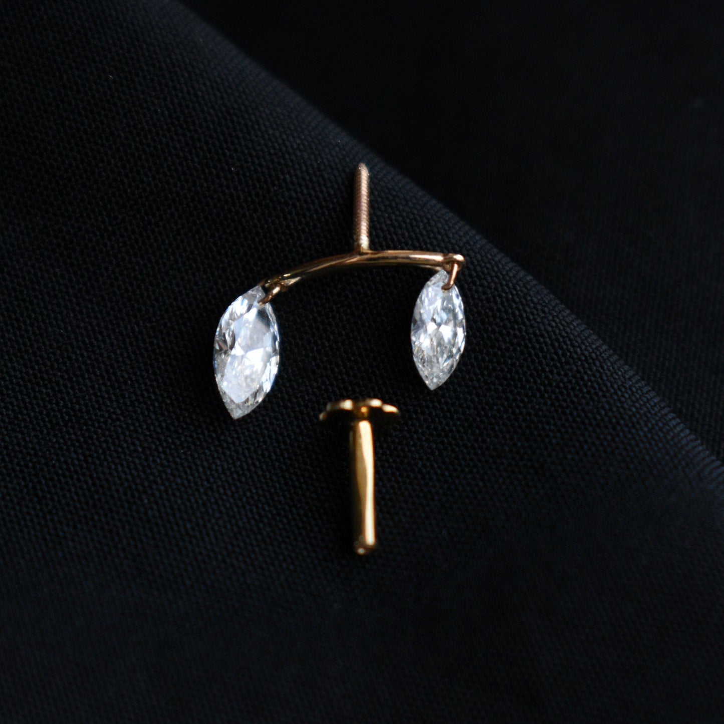 Double Floating Marquise Lab Diamond Stud Earring, Hidden Helix Piercing, 16g Threaded Flatback Stud, 14k 18k Solid Gold Jewelry