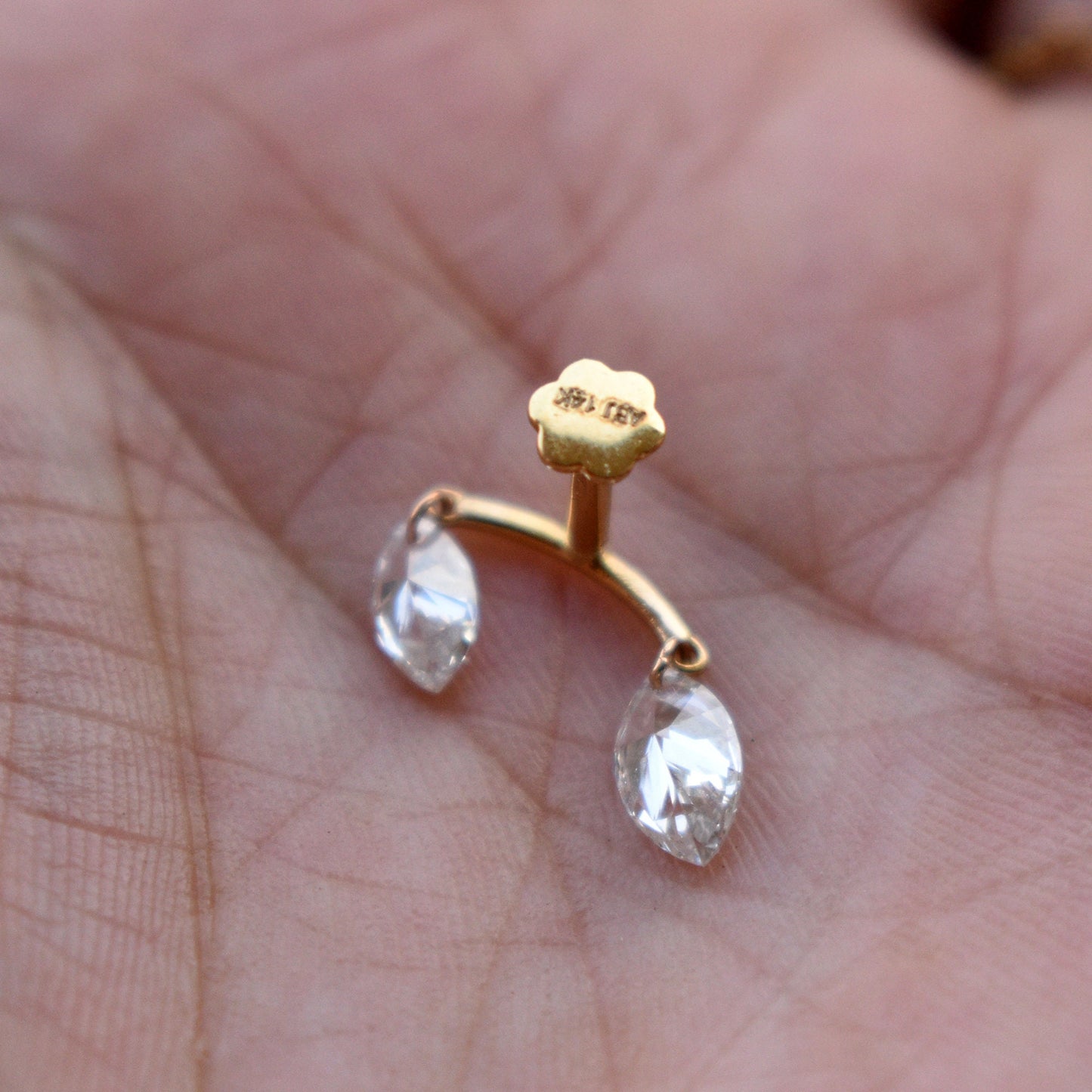 Double Floating Marquise Lab Diamond Stud Earring, Hidden Helix Piercing, 16g Threaded Flatback Stud, 14k 18k Solid Gold Jewelry