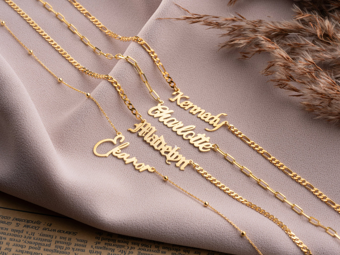 14K Gold Personalized Name Necklace with Figaro Chain, Handmade Jewelry, Personalized Christmas Gift for Mom, Custom Name Plate Necklace