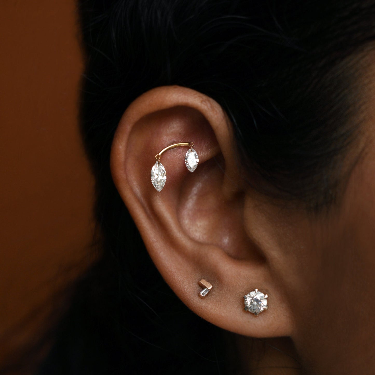 Double Floating Marquise Lab Diamond Stud Earring, Hidden Helix Piercing, 16g Threaded Flatback Stud, 14k 18k Solid Gold Jewelry
