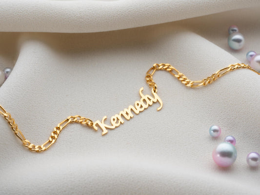 14K Gold Personalized Name Necklace with Figaro Chain, Handmade Jewelry, Personalized Christmas Gift for Mom, Custom Name Plate Necklace