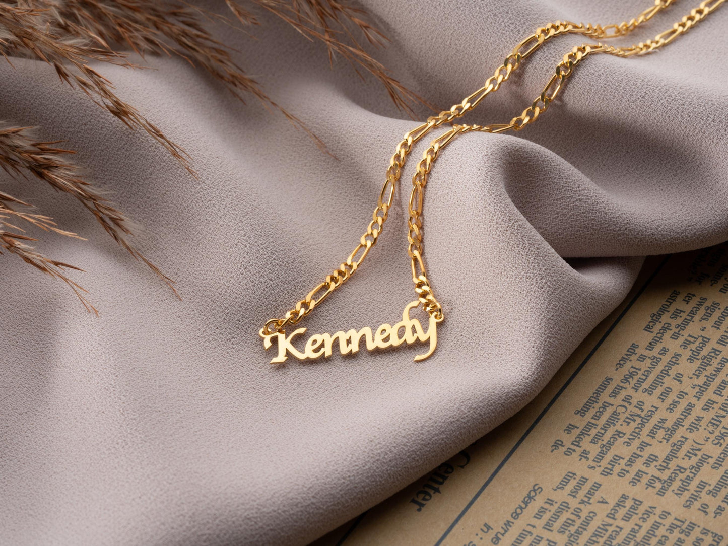 14K Gold Personalized Name Necklace with Figaro Chain, Handmade Jewelry, Personalized Christmas Gift for Mom, Custom Name Plate Necklace