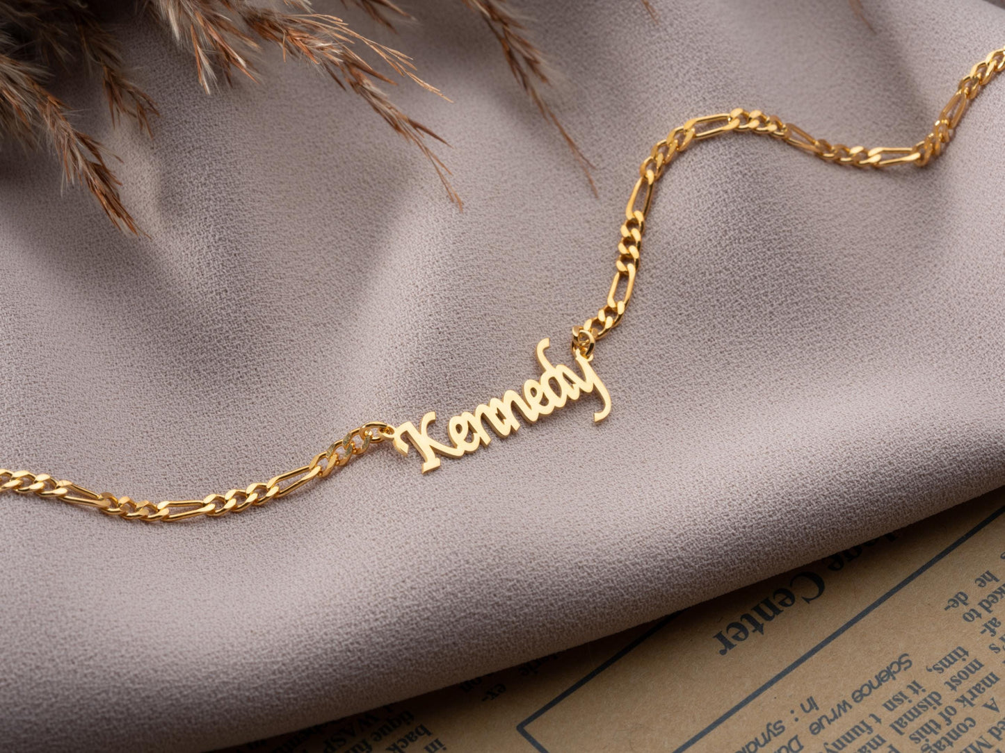 14K Gold Personalized Name Necklace with Figaro Chain, Handmade Jewelry, Personalized Christmas Gift for Mom, Custom Name Plate Necklace