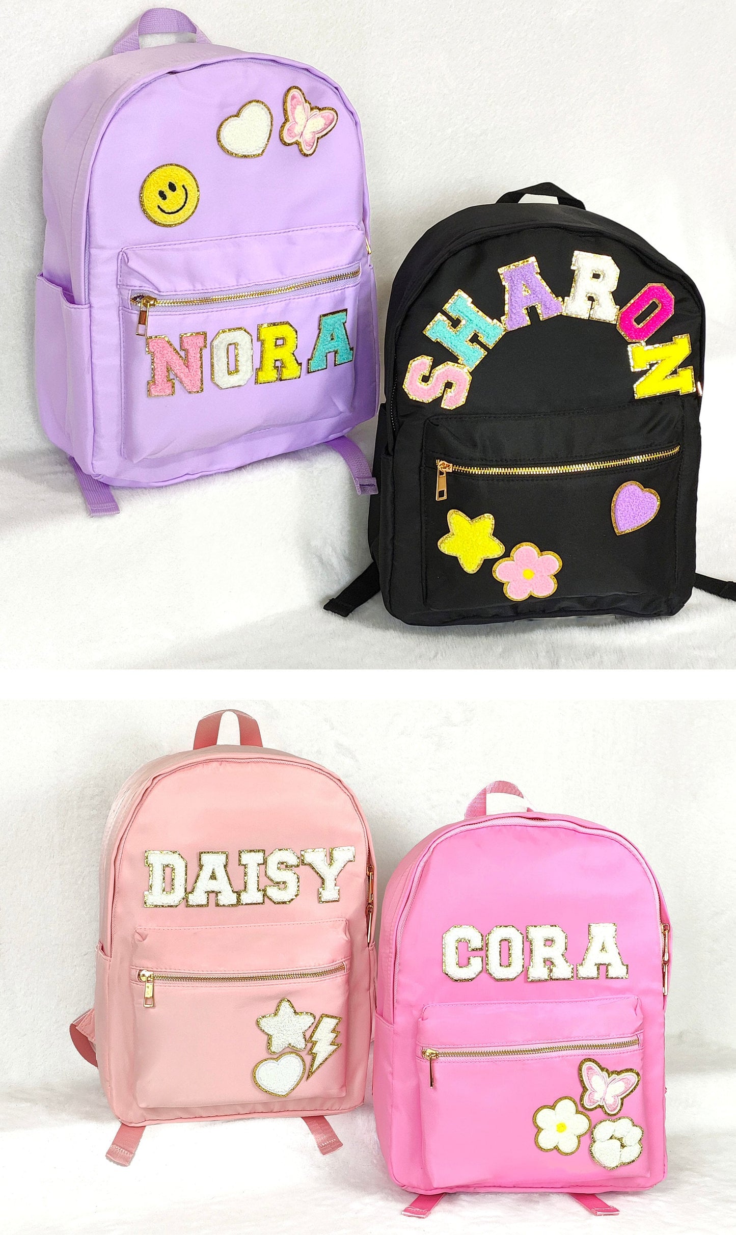 Sewn Patches Backpack Personalized Nylon Backpack with Patch Chenille Letter Custom School Bag Kids Back to School Lunch Box Bag Lunch Bag