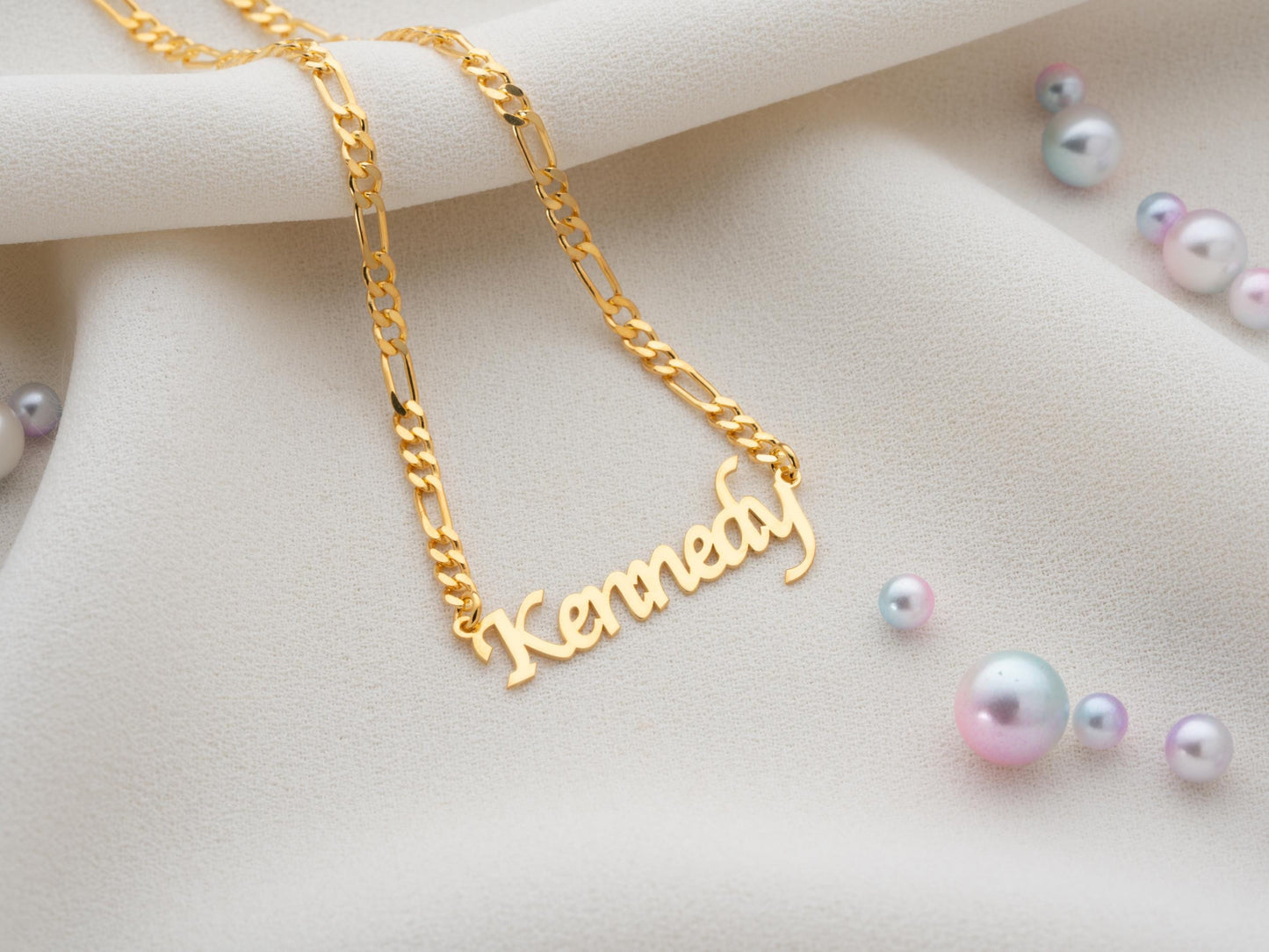 14K Gold Personalized Name Necklace with Figaro Chain, Handmade Jewelry, Personalized Christmas Gift for Mom, Custom Name Plate Necklace