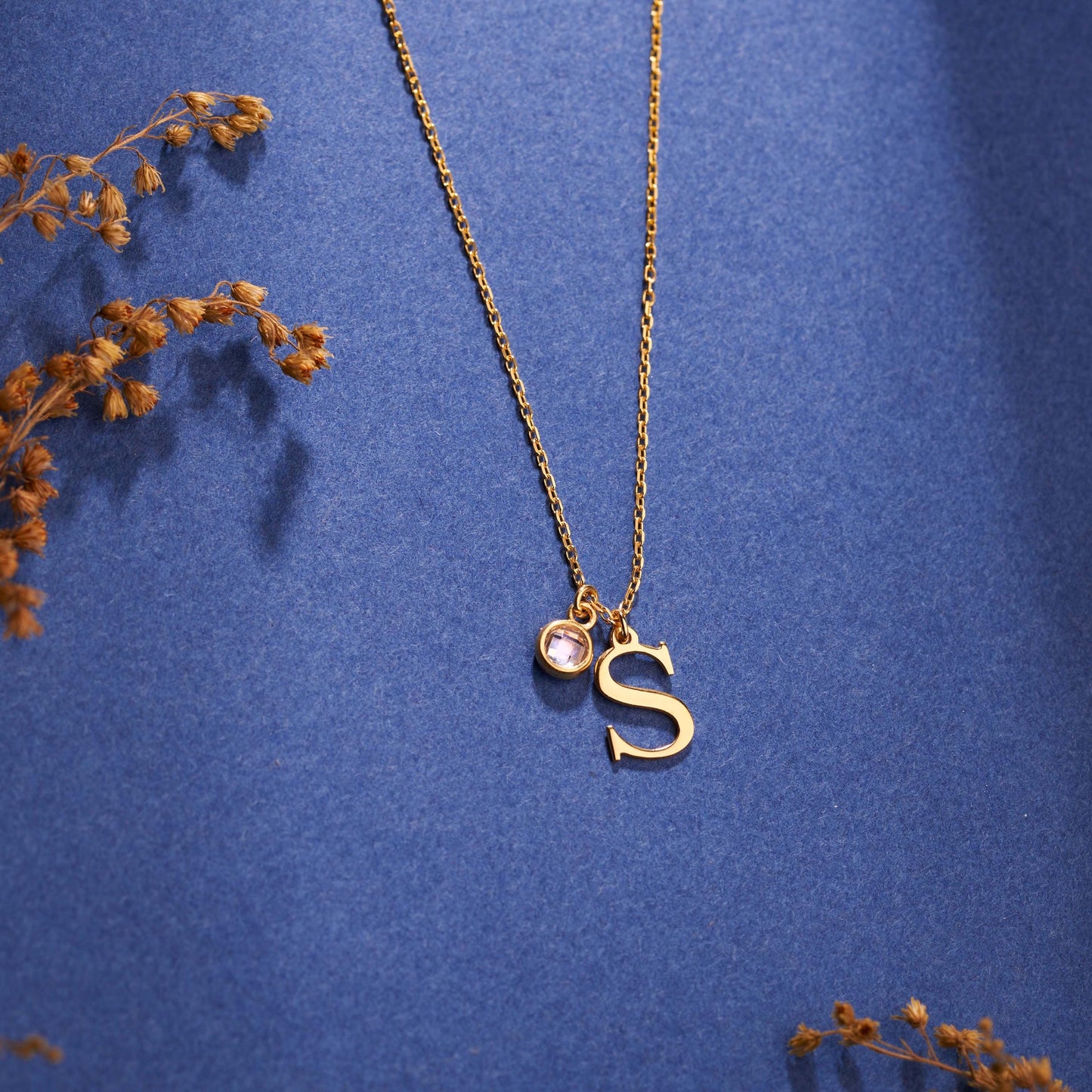 14K Solid Gold Initial Birthstone Necklace, Personalized Initial Necklace, Silver Necklace, Mothers Necklace, Mothers Day Gift, Gift for her