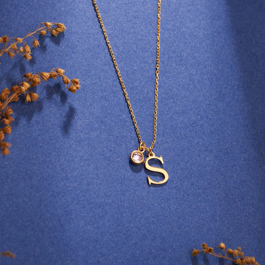 14K Solid Gold Initial Birthstone Necklace, Personalized Initial Necklace, Silver Necklace, Mothers Necklace, Mothers Day Gift, Gift for her