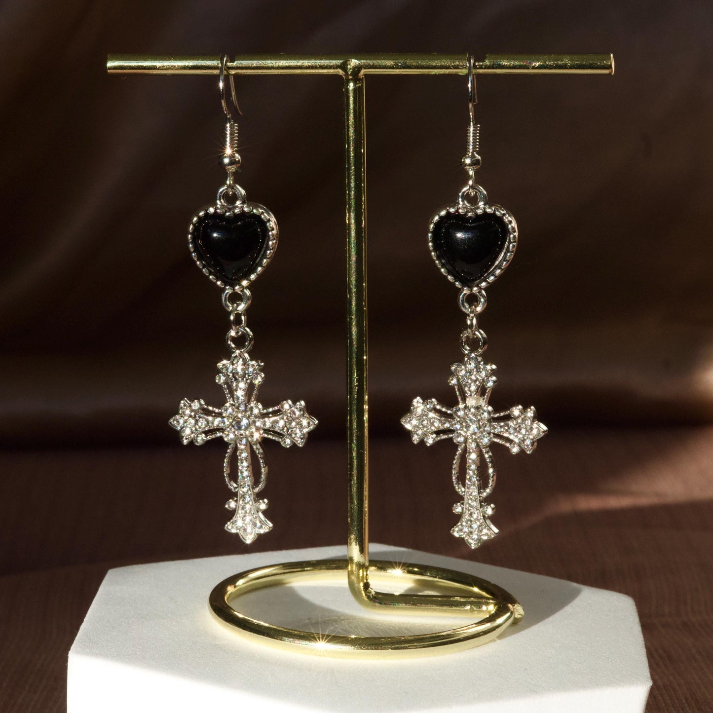Gothic Cross Dangle Earrings – Black Heart Statement Earrings, Morute Jewelry, Vintage Crucifix Earrings, Edgy Lightweight Jewelry