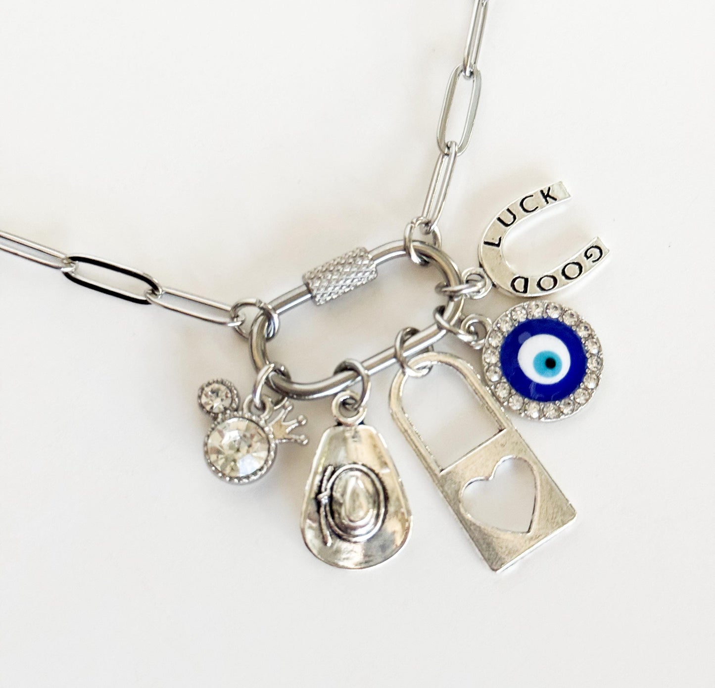 Custom Silver Carabiner Charm Necklace, Silver Carabiner Paperclip Chain, Multi-Charm Custom Necklace, Personalized Gift For Her, DIY Charms