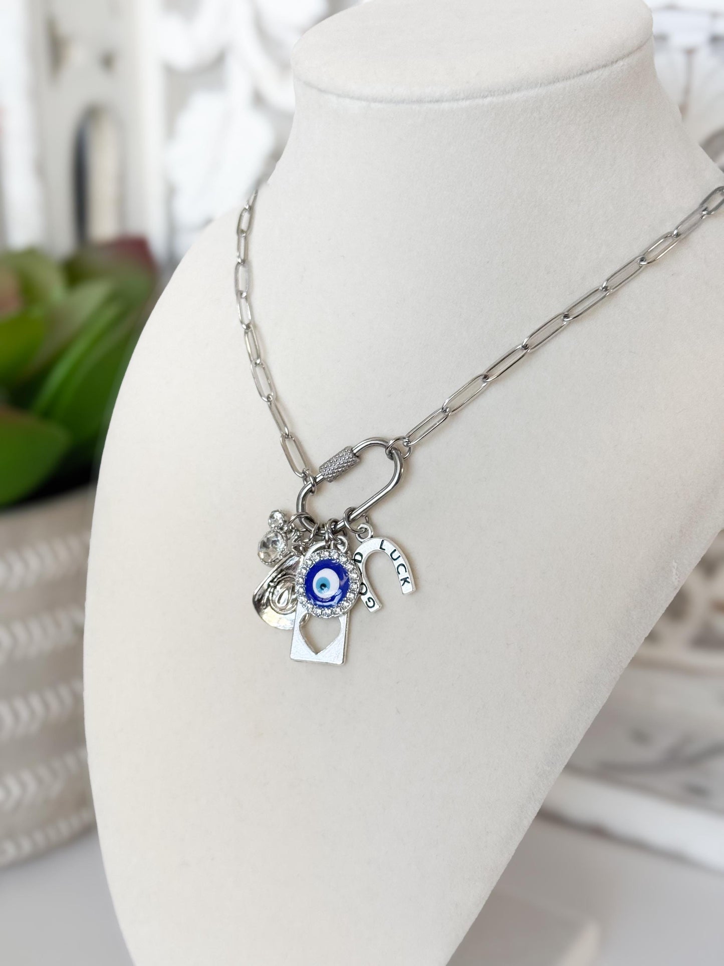 Custom Silver Carabiner Charm Necklace, Silver Carabiner Paperclip Chain, Multi-Charm Custom Necklace, Personalized Gift For Her, DIY Charms