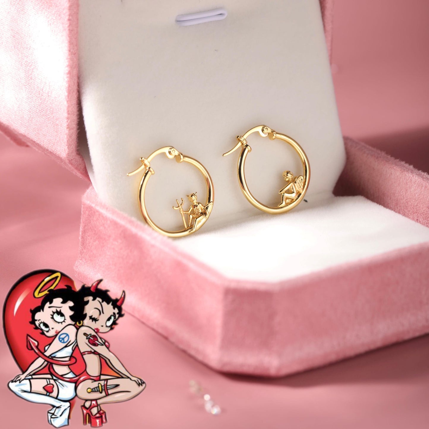 Angel and Devil Hoop Earrings, 18 K Gold Plated ,Adorable Cupid Mismatch Hoop Earrings, Ancient Greek Myth Characters: Eros and Anteros