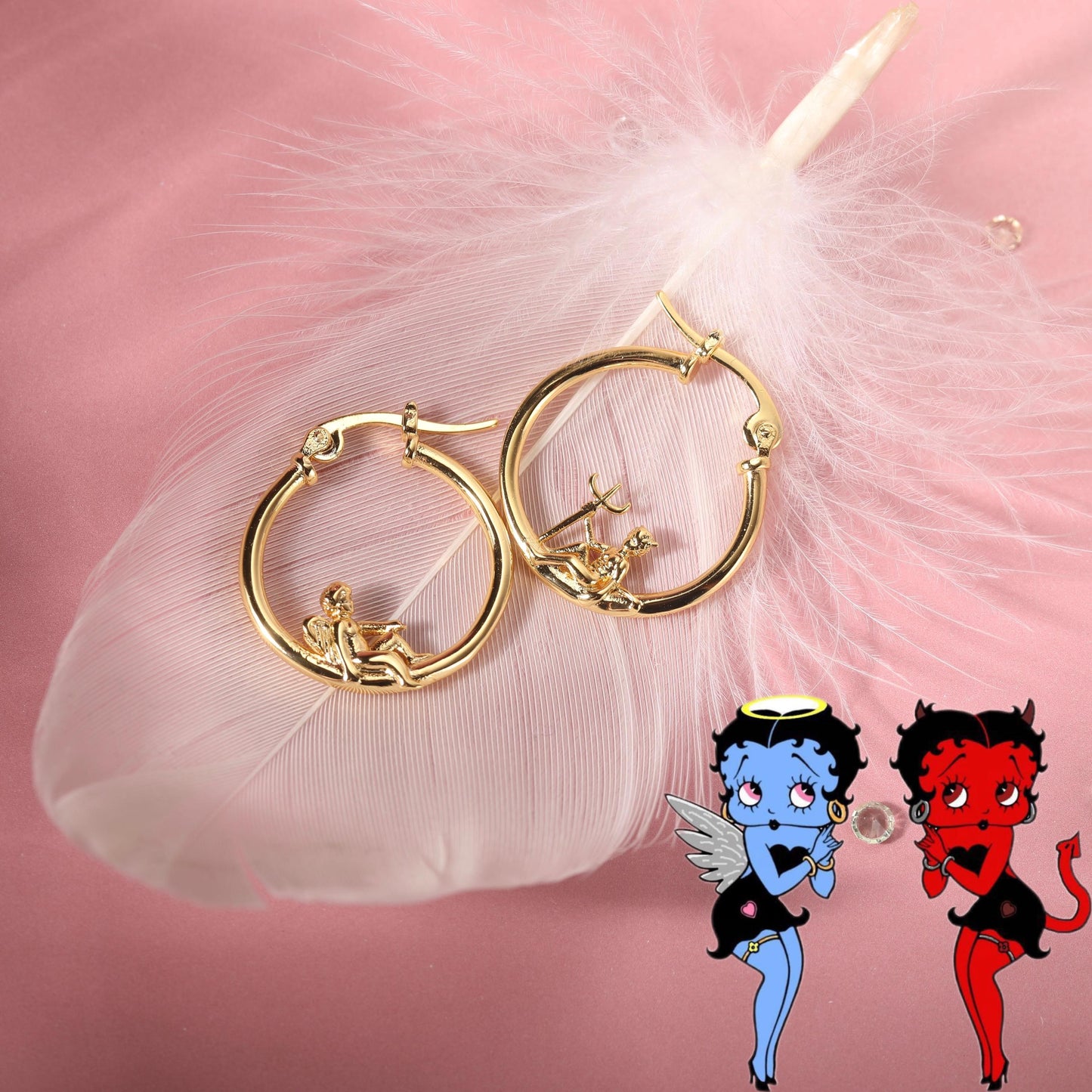 Angel and Devil Hoop Earrings, 18 K Gold Plated ,Adorable Cupid Mismatch Hoop Earrings, Ancient Greek Myth Characters: Eros and Anteros