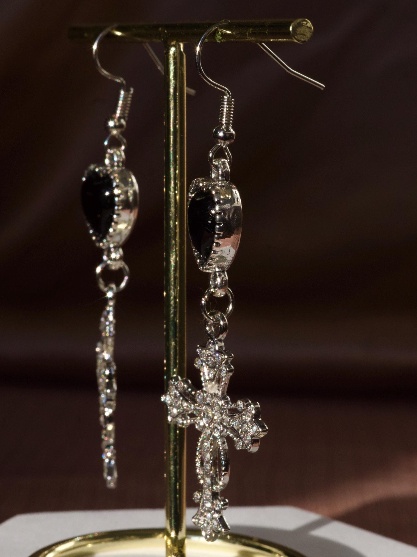 Gothic Cross Dangle Earrings – Black Heart Statement Earrings, Morute Jewelry, Vintage Crucifix Earrings, Edgy Lightweight Jewelry