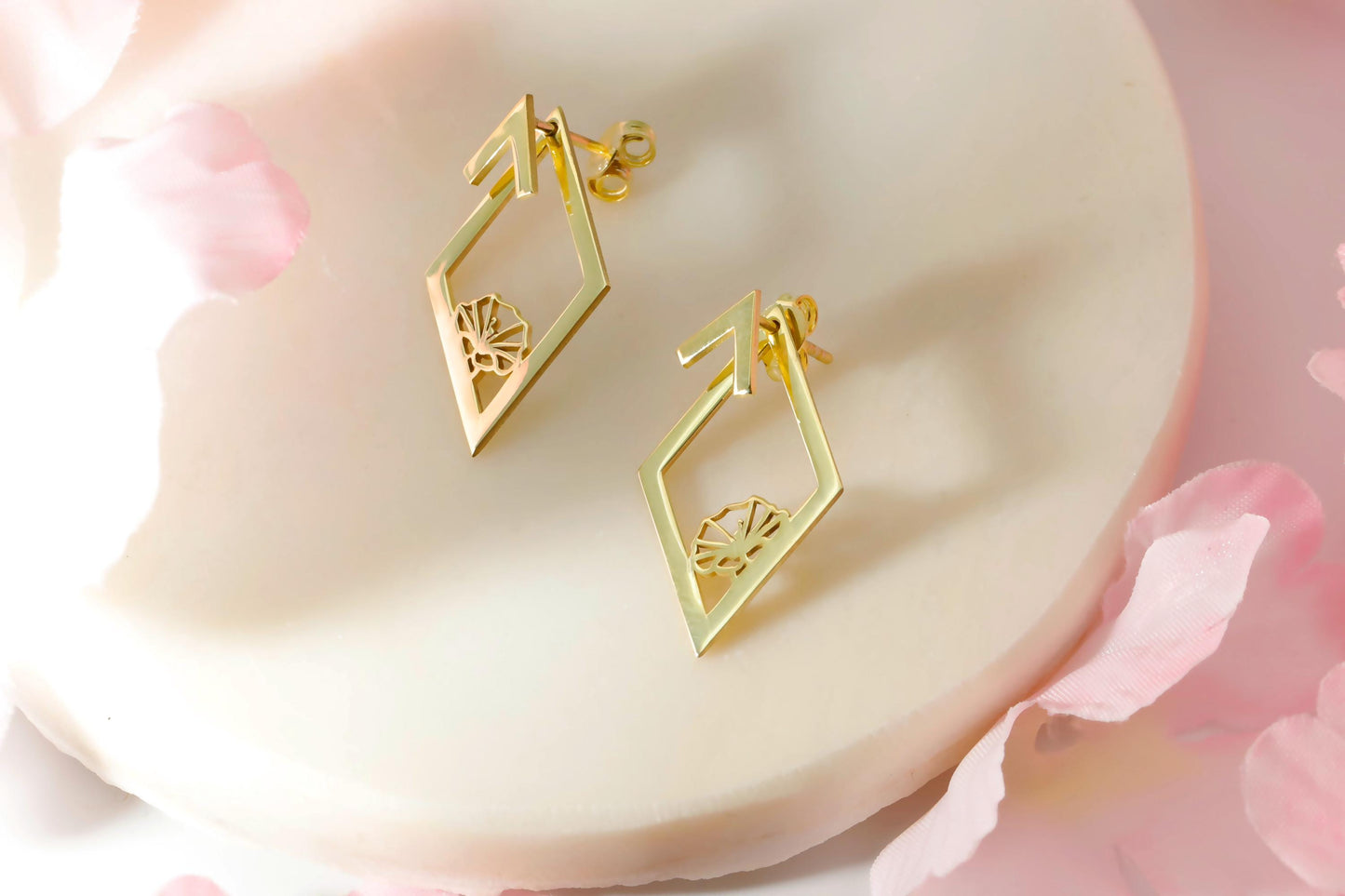 Ear Jacket Earrings, Birth Flower Ear Jacket Earrings, Custom Flower Earrings, Rhombus Earrings, Geometric Earrings With Birth Month Flower