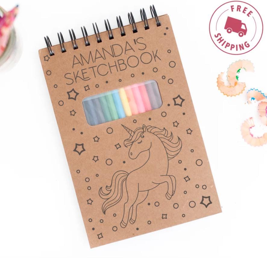 Custom Drawing Sketchbook with 12 Coloring Pencils, Personalized Gift for Young Artist, Birthday Gift for Boys and Girls, Teens, Sketch Pad