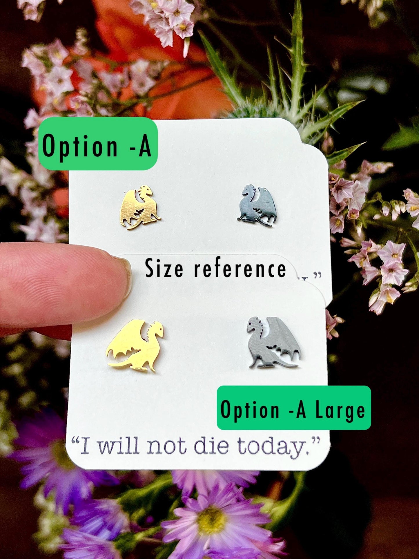 I Will Not Die Today Gold and Black Dragon Stud Earrings, Hypoallergenic Stainless Steel Jewelry, Romantasy Book, Dragon Rider