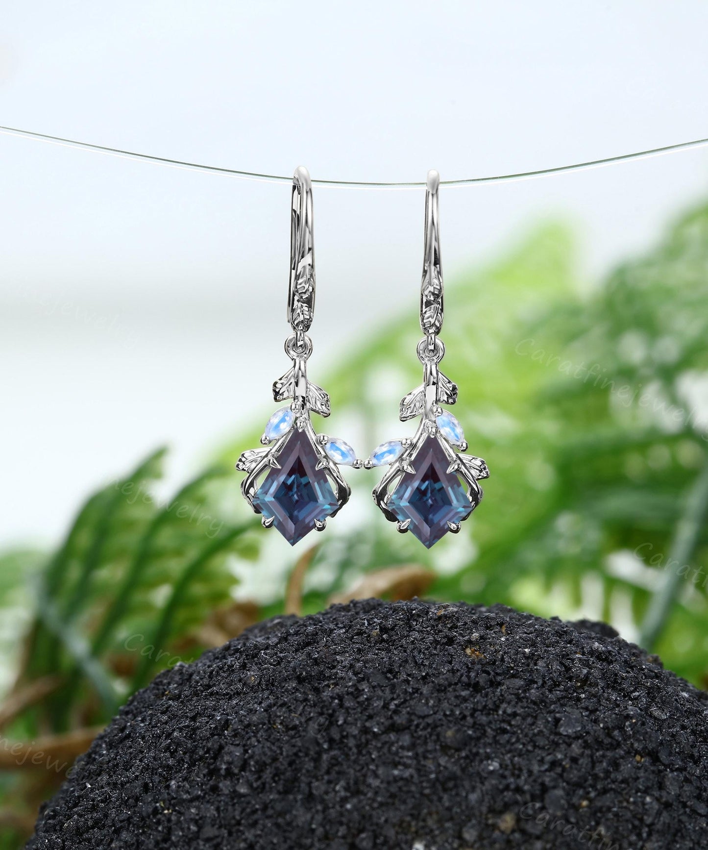 Kite cut Alexandrite Earrings Rose gold Leaf Nature Inspired earring Moonstone Earrings Bridal Jewelry promise gift June birthstone for her