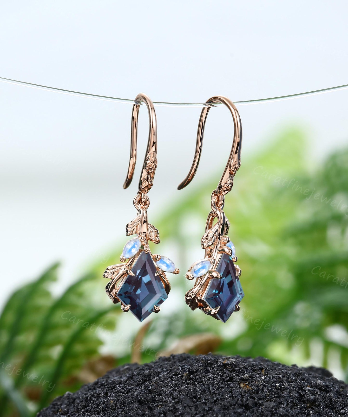 Kite cut Alexandrite Earrings Rose gold Leaf Nature Inspired earring Moonstone Earrings Bridal Jewelry promise gift June birthstone for her