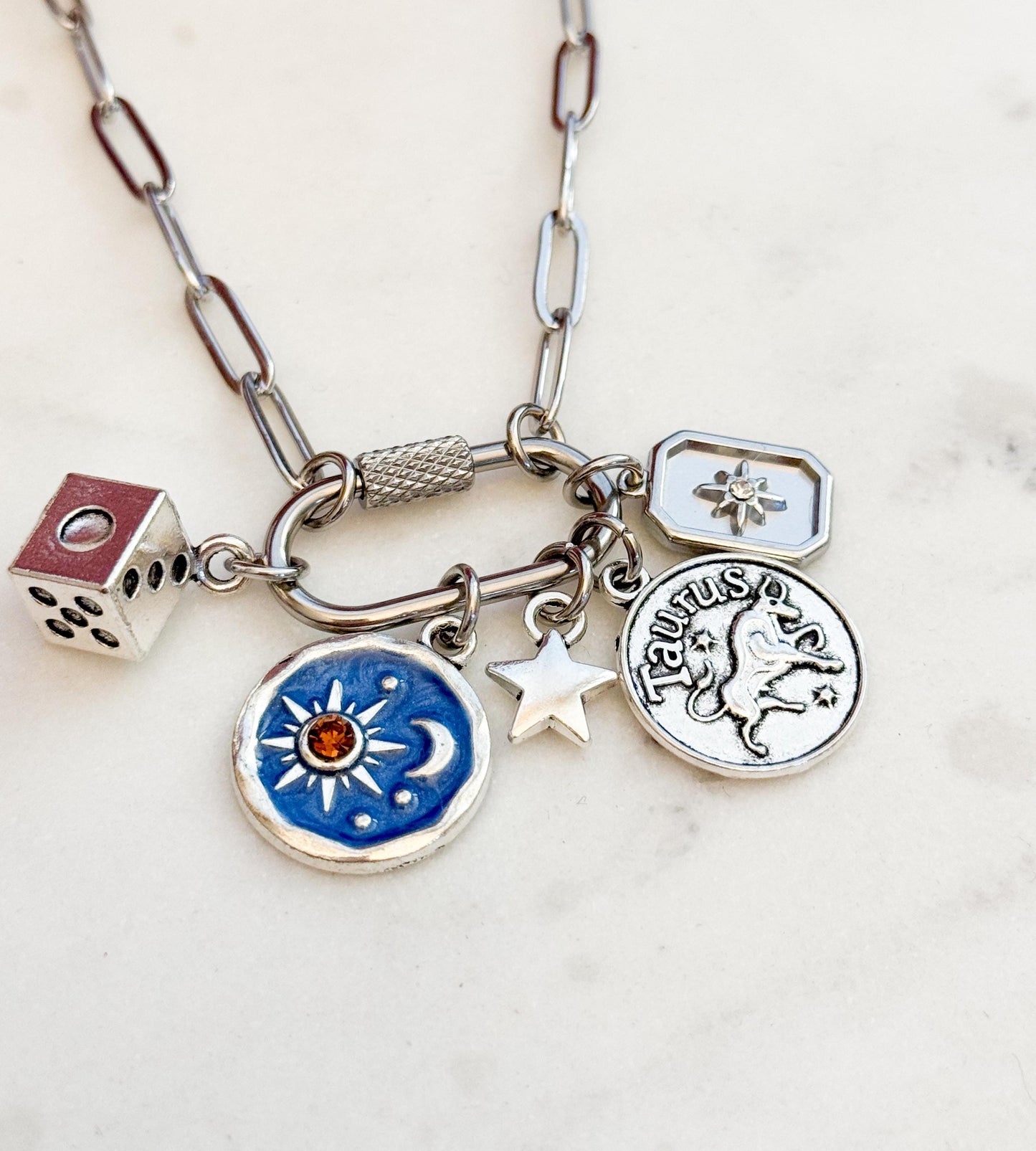 Custom Silver Carabiner Charm Necklace, Silver Carabiner Paperclip Chain, Multi-Charm Custom Necklace, Personalized Gift For Her, DIY Charms