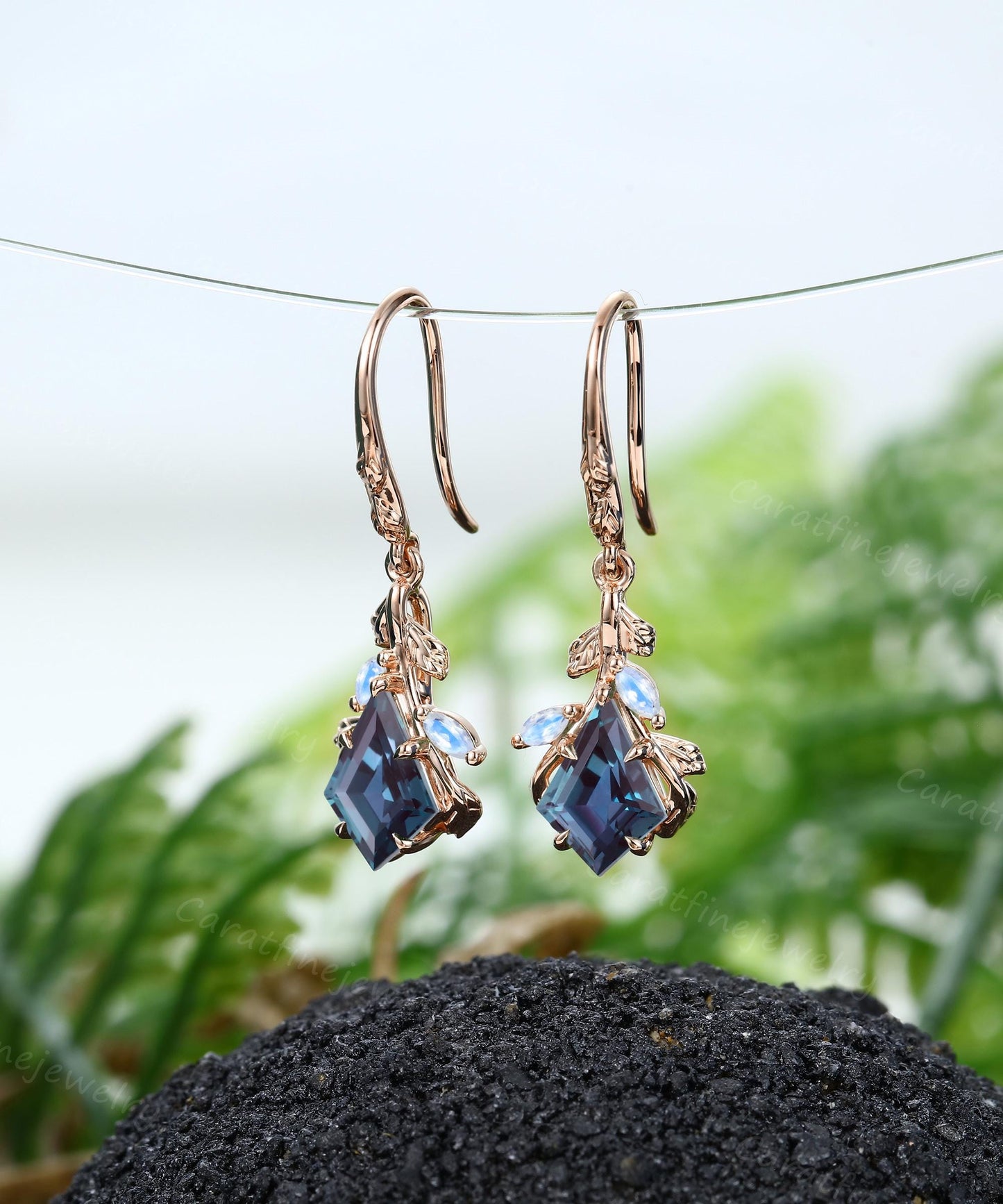 Kite cut Alexandrite Earrings Rose gold Leaf Nature Inspired earring Moonstone Earrings Bridal Jewelry promise gift June birthstone for her