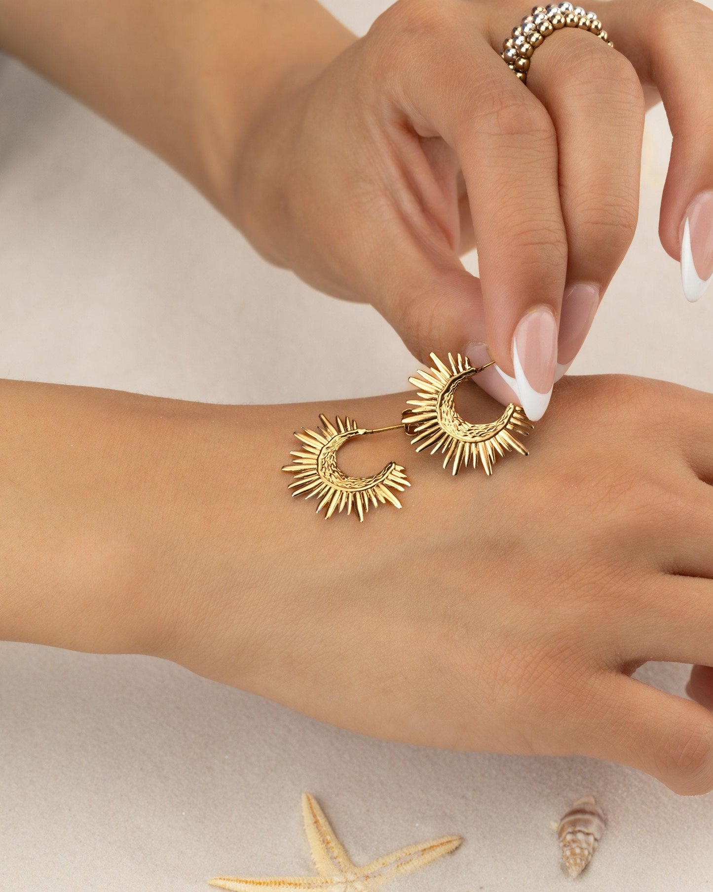 GOLD SUN EARRINGS • delicate dangle earrings • sol starburst • silver gold hoops • anniversary birthday gift • nickel free jewelry • EAHL1AU