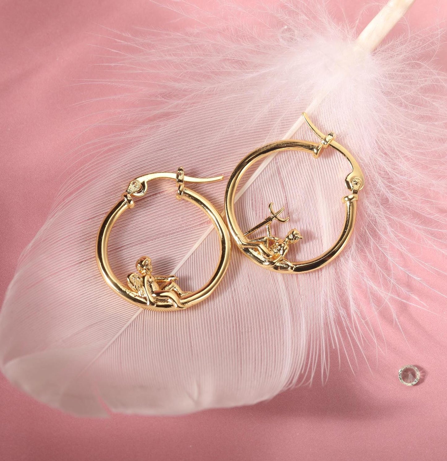 Angel and Devil Hoop Earrings, 18 K Gold Plated ,Adorable Cupid Mismatch Hoop Earrings, Ancient Greek Myth Characters: Eros and Anteros