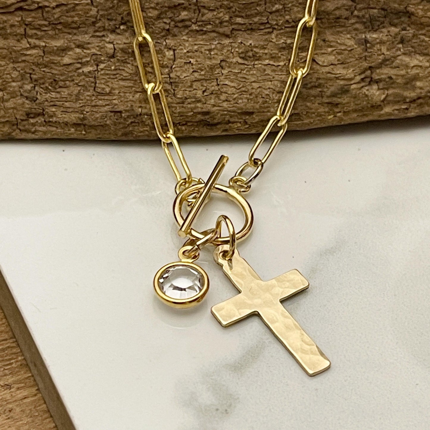 14k gold filled hammered cross necklace,  confirmation gift, baptism gift, paperclip chain toggle charm necklace, gift for women