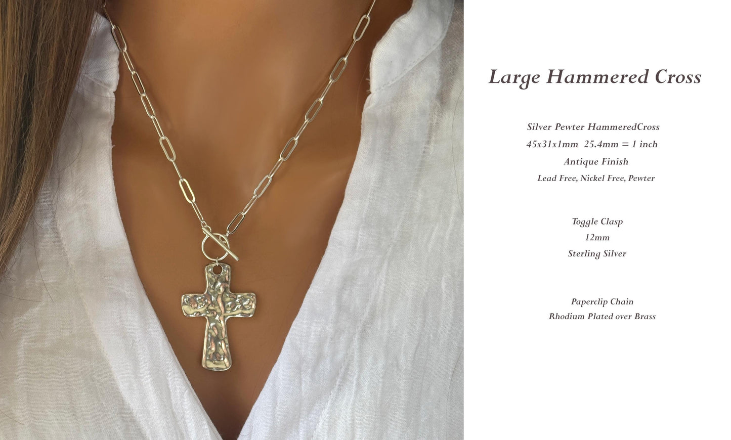 Hammered Cross Necklace Large Silver Pendant Gift for Her Statement Religious Christian Cross Jewelry for Women