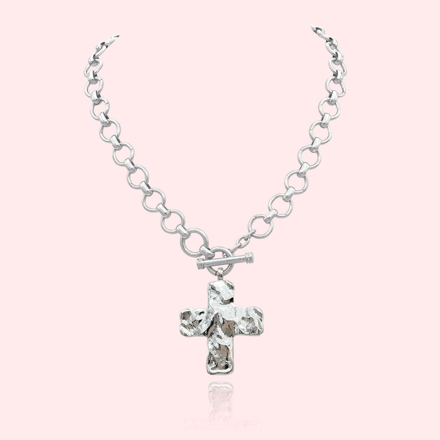 Hammered Bold Cross Necklace Thick Chain Set, Chunky Cross Statement Pendant Toggle Necklace, Handmade Toggle Hammered TextureCross Necklace