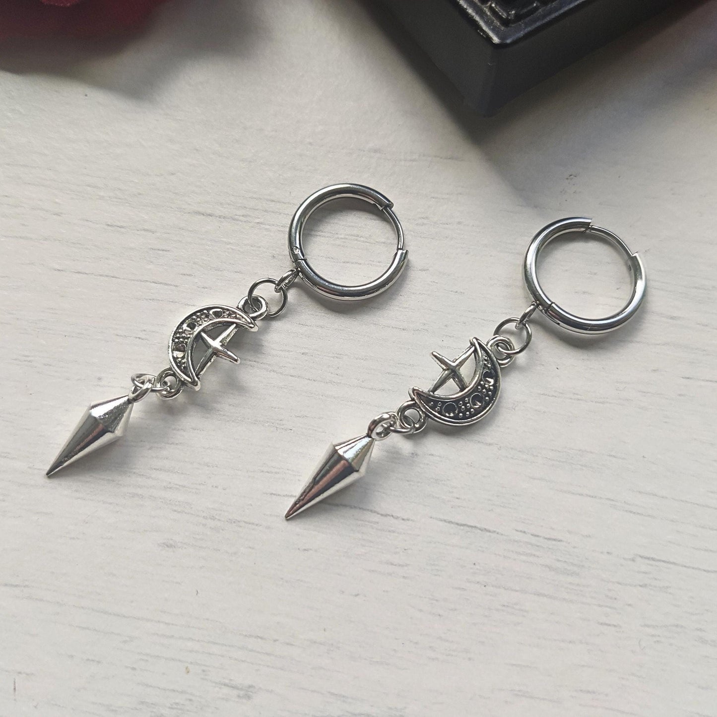 Spike earrings, moon/star hoops, punk earrings, goth earrings, gothic jewelry, huggie earrings, emo, alternative, celestial earrings