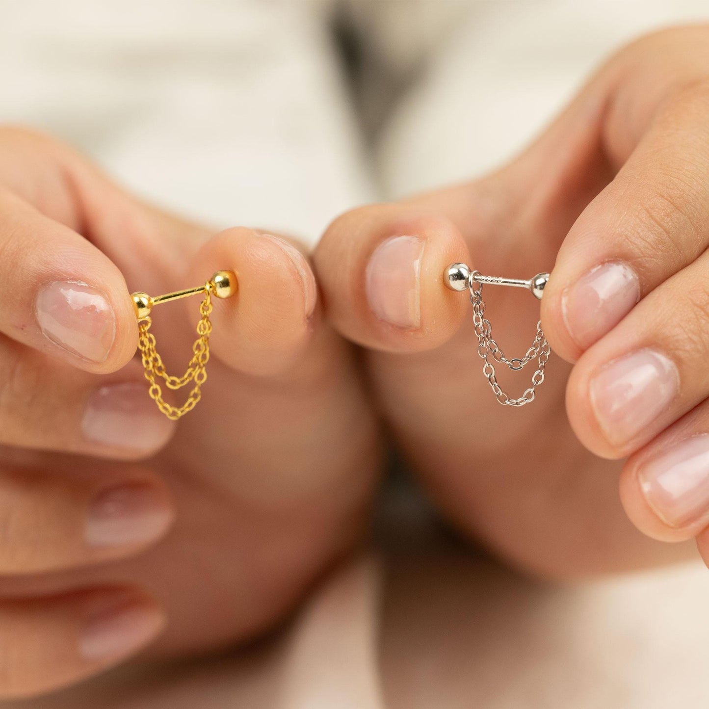 Double Chain Helix Earring With Screw Ball End, Unisex, Gold, Silver SHEMISLI SS1332 (Type A Ball End)